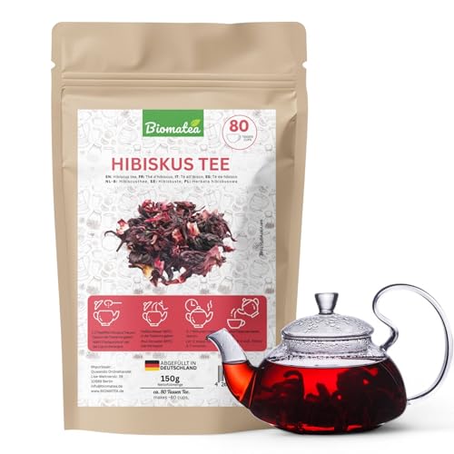 Biomatea 150g Hibiskusblüten ganz und getrocknet | für 80 Tassen Hibiskus Tee | Hibiskusblütentee | leicht säuerlich-fruchtiger Geschmack von Biomatea