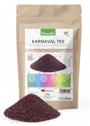 Biomatea 150g Karnaval Früchte Tee | für 25 Tassen Früchtetee | Früchte Mischung Zimt-Hibiskusblüten-Apfel,-Orangenschalen-Granatapfelschalen-Stevia, Heiß oder Kalt genießen von Biomatea