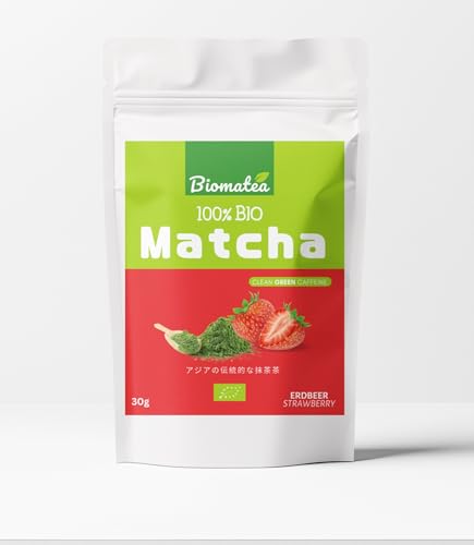 Biomatea Bio Matcha Pulver in verschiedenen Geschmacksrichtungen – Grüner Tee Matcha Tea 30g Zip Beutel (Erdbeere) von Biomatea