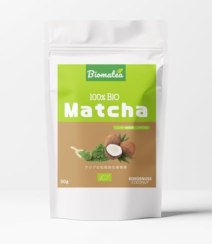 Biomatea Bio Matcha Pulver in verschiedenen Geschmacksrichtungen – Grüner Tee Matcha Tea 30g Zip Beutel (Kokosnuss) von Biomatea