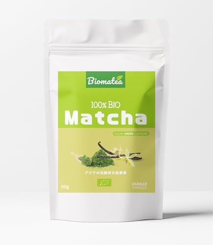 Biomatea Bio Matcha Pulver in verschiedenen Geschmacksrichtungen – Grüner Tee Matcha Tea 30g Zip Beutel (Vanille) von Biomatea