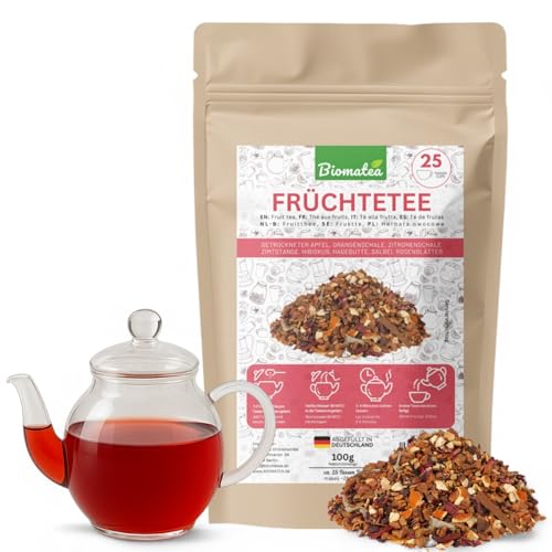 Biomatea Früchtetee – 100 g aromatische Fruchtmischung mit Apfel, Hibiskus & Zimt – Zip-Beutel, ergibt ca. 25 Tassen – ohne Zusatzstoffe, in Deutschland abgefüllt von Biomatea