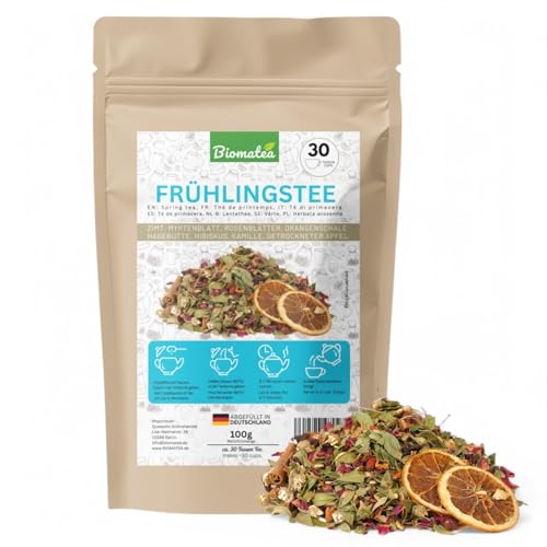 Biomatea Frühlingstee – 100 g aromatische Kräuter-Früchteteemischung mit Zimt, Kamille, Hibiskus & Apfel – ergibt ca. 30 Tassen, Blütentee, wellness tee in Deutschland abgefüllt von Biomatea