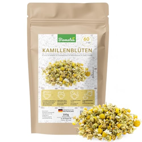 Biomatea Kamillenblüten – 100 g ganze getrocknete Kamillenblüten – naturbelassen & sonnengetrocknet – für ca. 60 Tassen Kamillentee – loser Kräutertee – in Deutschland abgefüllt von Biomatea