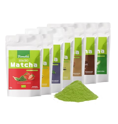 Biomatea Matcha Probier-Set | 7 Geschmacksrichtungen Matcha Tee Pulver | je 30g Zip-Beutel | Erdbeere, Banane, Kokosnuss, Blaubeeren, Schokolade, Aloe-Vera, Vanille Pulver von Biomatea