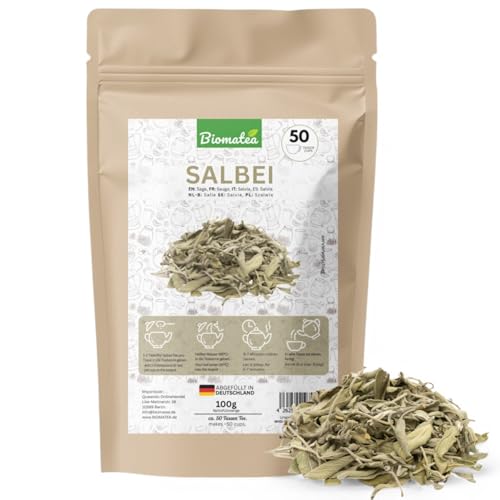 Biomatea Salbeiblätter – 100 g ganze getrocknete Salbei Blätter – naturbelassen & aromatisch – für Tee & Räucherung Tutsche – ca. 50 Tassen – loser Kräutertee – in Deutschland abgefüllt von Biomatea