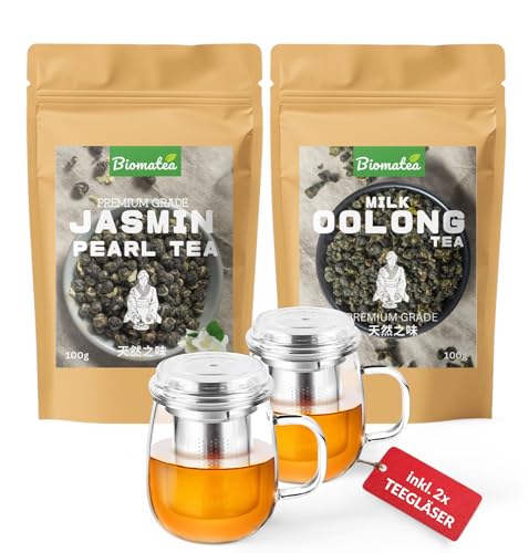 Biomatea Tee-Set | 100g Jasmin Perlen + 100g Milky Oolong Tee + 2 Stück Teegläser mit Sieb und Glasdeckel | Teeliebhaber Geschenkidee von Biomatea