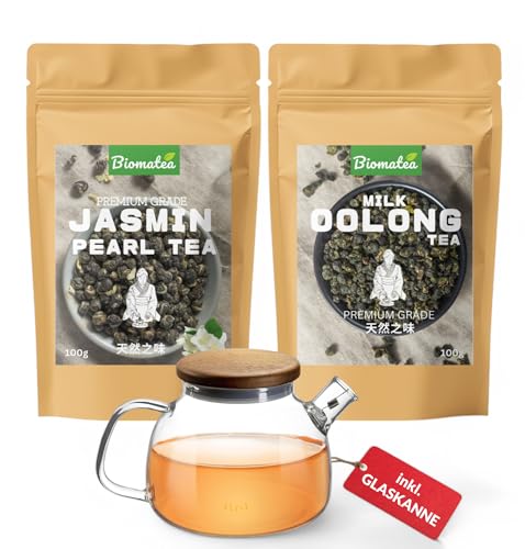 Biomatea Tee-Set | 100g Jasmin Perlen + 100g Milky Oolong Tee + 580ml Glas Teekanne mit Edelstahl Sieb und Holzdeckel | Teeliebhaber Geschenkidee von Biomatea