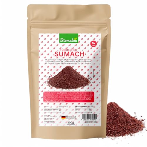 Biomatea Türkischer Sumach – 100 g Sumak Premium Gewürz – Intensiv aromatisch & naturbelassen – Vielseitig einsetzbar – Vegan & ohne Zusätze – Abgefüllt in Deutschland von Biomatea