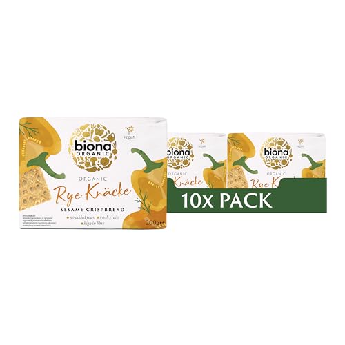 Biona – Bio-Roggenknäcke Sesam-Knäckebrot (10 x 200 g), vegan, ohne Hefezusatz, Vollkorn-Knäckebrot, ballaststoffreich von Biona