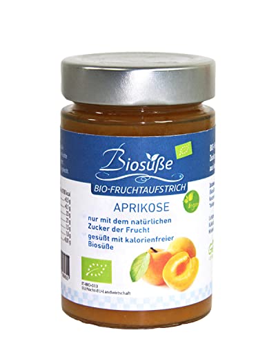 Biosüße Bio-Fruchtaufstrich Aprikose / Marille aus Italien - ohne Zuckerzusatz mit Bio-Erythrit gesüßt, 60% Frucht, ohne Xylit oder Stevia (220g) von kalorienfreie Biosuße