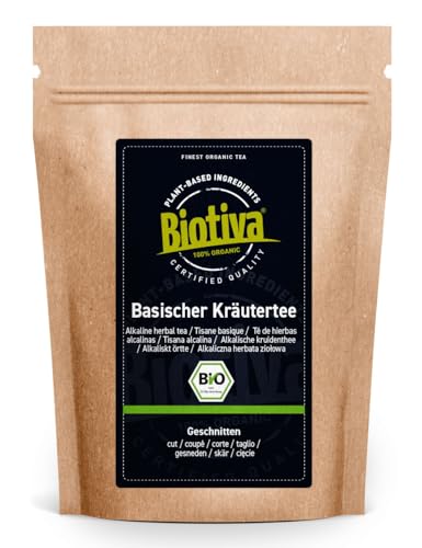 Basischer Kräutertee Bio 100g - mit Brennnessel Melisse Pfefferminze Löwenzahn - milde harmonische Kräutermischung - abgefüllt und kontrolliert in Deutschland - Biotiva von Biotiva