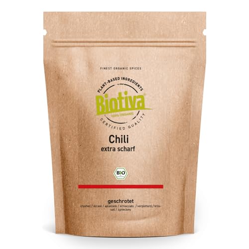 Biotiva Chili Bio geschrotet 250g - Extra scharf (ca. 120.000 SHU) - zum Würzen und Schärfen von Speisen - Abgefüllt und kontrolliert in Deutschland von Biotiva