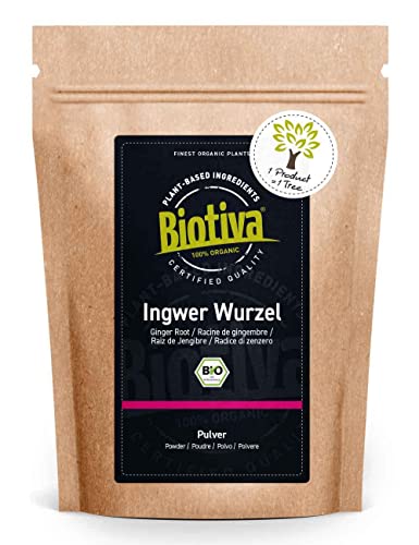Ingwerpulver Bio 100g - Ingwer - Ingwerwurzel gemahlen - z.B. für Ingwertee und Ingwerwasser - Abgefüllt und kontrolliert in Deutschland - Biotiva von Biotiva