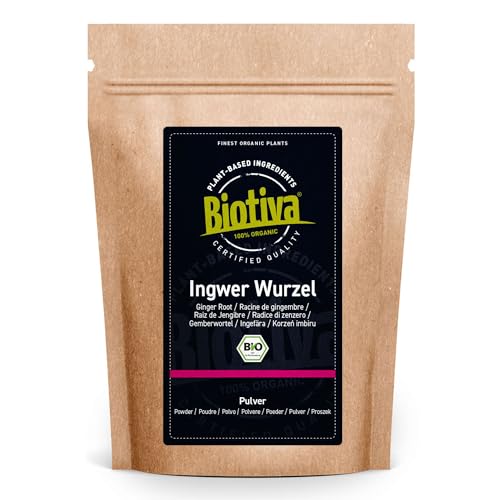 Ingwerpulver Bio 100g - Ingwer - Ingwerwurzel gemahlen - z.B. für Ingwertee und Ingwerwasser - Abgefüllt und kontrolliert in Deutschland - Biotiva von Biotiva