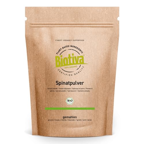 Spinatpulver Bio gemahlen 250 - reinster Bio Spinat - zum Einfärben von Teigen - inn Smoothies - ohne Zusätze - vegan - 100% Bio-Qualität - Abgefüllt und kontrolliert in Deutschland - Biotiva von Biotiva