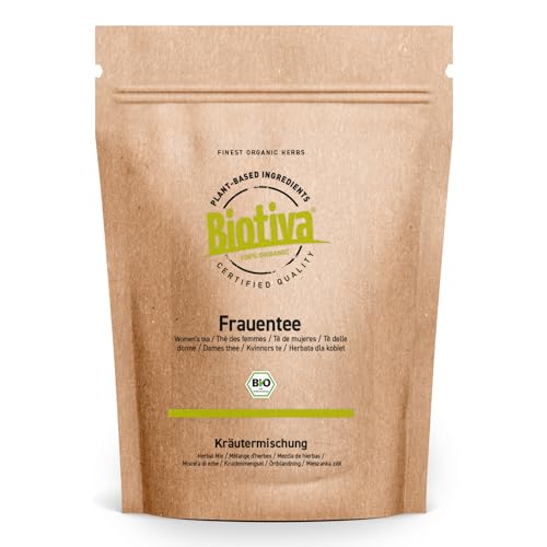 Frauentee Bio 100g - Kräutertee für Frauen mit Frauenmantelkraut, Mönchspfeffer, Hafer, Pfefferminze, Schafgarbe & Piment - 100% Natur aus kontrolliert-biologischem Anbau - Ohne Zusätze - Biotiva von Biotiva