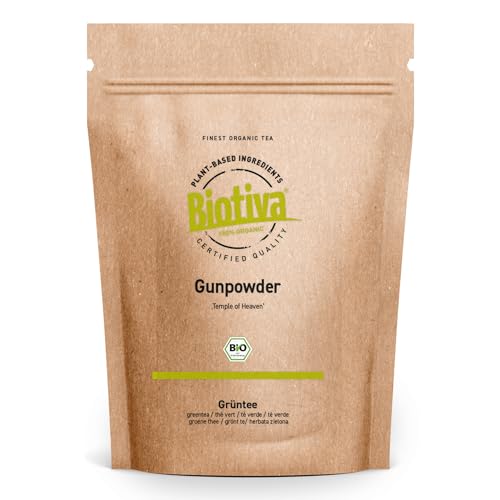 Grüntee Gunpowder Temple of Heaven Bio 250g - gerollte kugelförmige Teeblätter - hellgrüne Tasse - angenehm mild frisch feinherb süßlich - Fairbiotea-Teegarten Qingshan - Biotiva von Biotiva