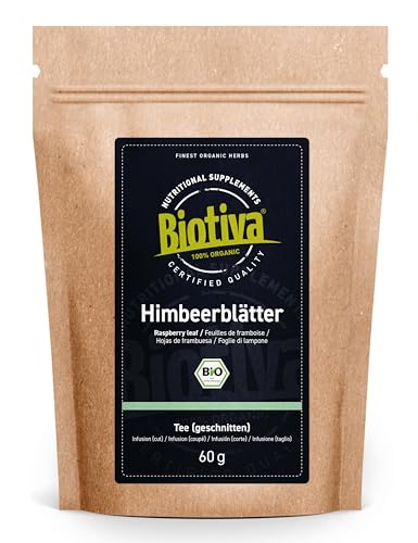 Himbeerblätter-Tee Bio 60g - sehr große Blätter - Reicht für 40 Tassen - von Hebammen empfohlen - Abgefüllt und kontrolliert in Deutschland - Biotiva von Biotiva