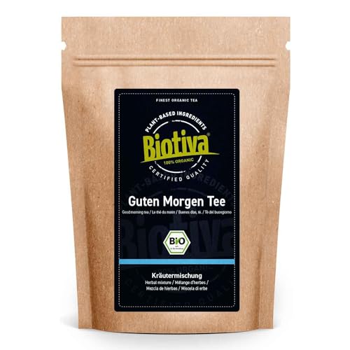 Guten Morgen Tee 100g Bio - Morgentee Mischung - Brombeerblätter Himbeerblätter Pfefferminze Mate (grün) Kornblumenblüten und Ringelblumenblüten - geschnitten - Biotiva von Biotiva