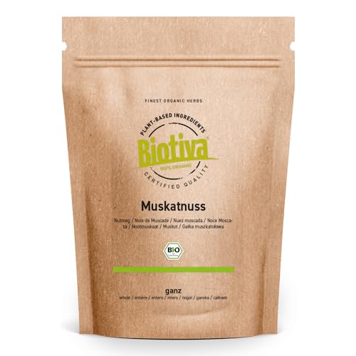 Muskatnuss Bio 10-12 Stück 70g - Ganze Muskatnüsse - Handverlesen Abgefüllt und kontrolliert in Deutschland - Biotiva von Biotiva