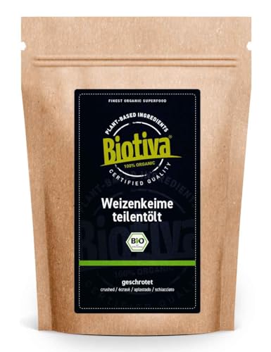 Weizenkeime Bio 500g (2x250g) - fettreduziert teilentölt geschrotet - deutsche Produktion - Ideal für Vollwert Frühstück - reich an Mineralstoffen - lockere weiche Konsistenz - Biotiva von Biotiva