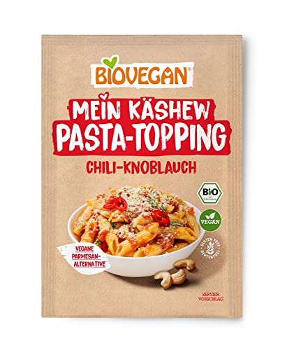 Biovegan Mein Käshew Pasta Topping, Veganer Parmesan-Ersatz in 100% Bio Qualität, Streukäse-Alternative Vegan, leckere Käse Alternative aus Cashew Nüssen, 8 x 50g (Chili-Knoblauch) von Biovegan