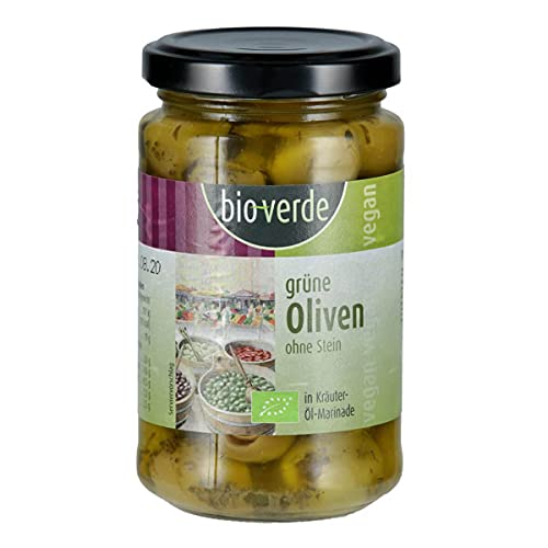 bio-verde Grüne Oliven ohne Stein mit frischen Kräuter (6 x 200 gr) von bio-verde