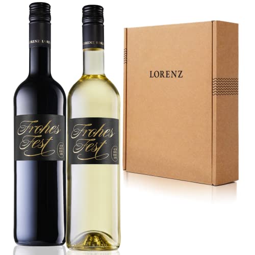 Frohes Fest Weihnachtswein | Geschenkpaket | Prämiertes Bioweingut | Auszeichnung Weinkritiker Eichelmann: „Starke Kollektion“ | Design: unikat! | Bioland zertifiziert | FSC-Verpackung | 2 Flaschen von Bioweingut Lorenz