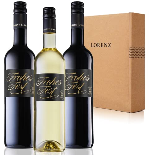 Frohes Fest Weihnachtswein | Geschenkpaket | Prämiertes Bioweingut | Auszeichnung Weinkritiker Eichelmann: „Starke Kollektion“ | Design: unikat! | Bioland zertifiziert | FSC-Verpackung | 3 Flaschen von Bioweingut Lorenz