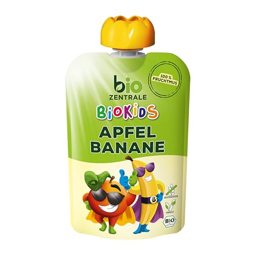 biozentrale BioKids Fruchtmus Beutel Apfel-Banane | 12x 90 g Früchte | Quetschbeutel & Quetschies mit 100% Frucht | Idealer Früchtebrei & Fruchtpüree ohne Zuckerzusatz von bioZentrale