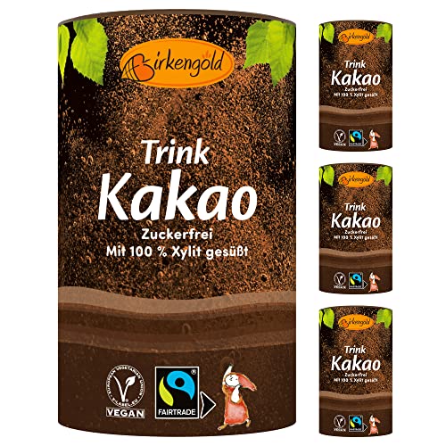 Birkengold Trink-Kakao 4 x 200 g | zuckerfrei | Fairtrade | Vegan | Rohkakao mit Xylit | Trinkschokolade ohne Zucker | Kakaopulver stark entölt 40% | perfekt für heisse Schokolade von Birkengold