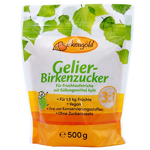 Birkengold Gelier-Birkenzucker (Xylit), 500g | für 1, 5 kg Früchte | 3 Teile Frucht: 1 Teil Gelier-Birkenzucker | ohne Zucker | vegan | mit europäischem Xylit aus Birken- und Buchenrinde von Birkengold