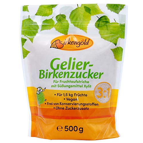 Birkengold Gelier Birkenzucker (Xylit), 500g | für 1,5 kg Früchte | 3 Teile Frucht : 1 Teil Gelierzucker | ohne Zucker | vegan | mit europäischem Xylit aus Birken- und Buchenrinde von Birkengold