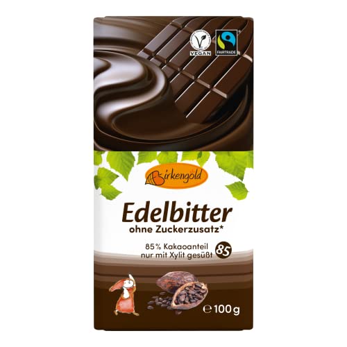 Birkengold Edelbitter Schokolade zuckerfrei | ohne Zucker | 85 % Kakaoanteil | nur mit europäischem Xylit gesüßt | fairtrade | vegan, 100 g von Birkengold