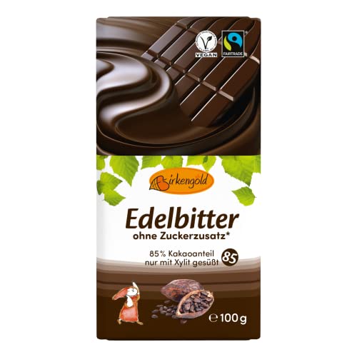 Birkengold Edelbitter Schokolade 100g | Schokolade ohne Zuckerzusatz | 85% Kakaoanteil | nur mit europäischem Xylit gesüßt | Fairtrade | vegan | vegane Schokolade ohne Zucker von Birkengold