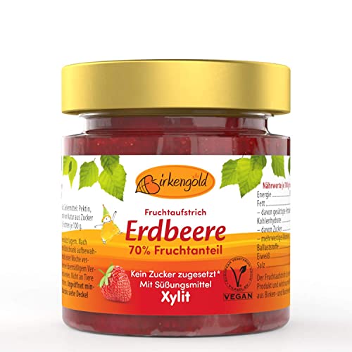 Birkengold Erdbeer Marmelade | ohne Zuckerzusatz | mit europäischem Xylit gesüßt | 70 % Fruchtanteil | mit Bio Früchten | vegan, 200 g von Birkengold