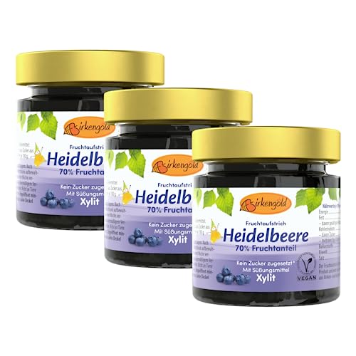 Birkengold Heidelbeere Marmelade 3 x 200 g | ohne Zuckerzusatz | mit europäischem Xylit gesüßt | 70 % Fruchtanteil | mit Bio Früchten | vegan von Birkengold