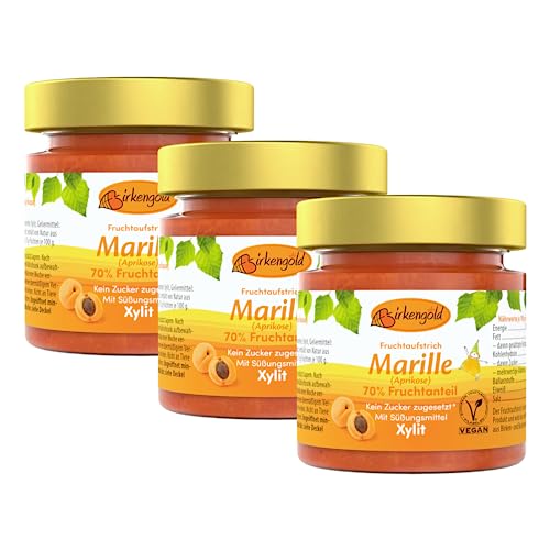 Birkengold Marillen Marmelade 3 x 200 g | Aprikosen Fruchtaufstrich ohne Zuckerzusatz | mit europäischem Xylit gesüßt | 70 % Fruchtanteil | mit Bio Früchten | vegan von Birkengold