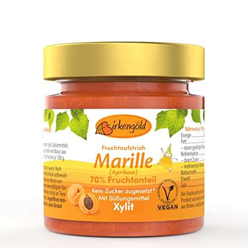 Birkengold Marillen Marmelade 200 g | Aprikosen Fruchtaufstrich ohne Zuckerzusatz | mit europäischem Xylit gesüßt | 70 % Fruchtanteil | mit Bio Früchten | vegan von Birkengold