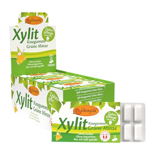 Birkengold Xylit Kaugummi Grüne Minze | 24 Stk. Blister | Zahnpflege-Kaugummi | zuckerfrei | hoher Xylit-Anteil 70% | vegan | ohne Titandioxid | ohne Aspartam | ohne Zucker von Birkengold