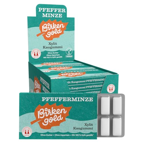 Birkengold Xylit Kaugummi Pfefferminze | 24 Stk. Blister | Zahnpflege-Kaugummi | zuckerfrei | hoher Xylit-Anteil 70% | vegan | ohne Titandioxid | ohne Aspartam | ohne Zucker von Birkengold