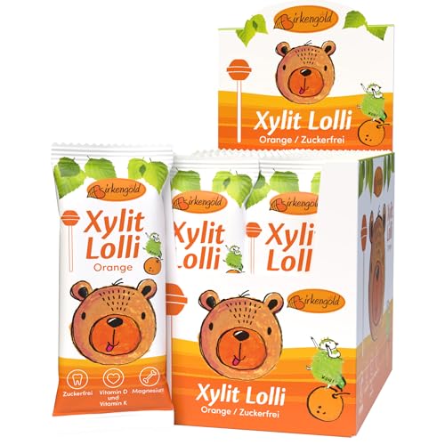 Birkengold Xylit Lolli | 20x6g einzeln verpackt | vegan | zuckerfreier Dauerlutscher | Multivitamin Zahnpflege Lolli | Frucht Lolli Orange von Birkengold