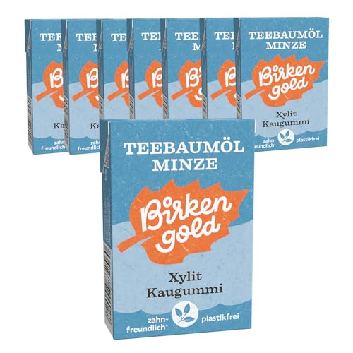 Birkengold Xylit Zahnpflege Kaugummi | Teebaumöl Minze | plastikfrei | 8 Stk. | Natürliche Kaumasse (Chicle) | Ohne Erdöl | Zuckerfrei | Naturkosmetik zertifiziert | vegan von Birkengold
