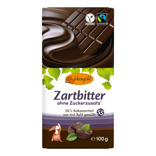 Birkengold Zartbitter Schokolade 100g | Schokolade ohne Zuckerzusatz | 55% Kakaoanteil | nur mit europäischem Xylit gesüßt | Fairtrade | vegan | vegane Schokolade ohne Zucker von Birkengold