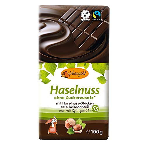 Birkengold Haselnuss Schokolade 100 g | ohne Zuckerzusatz | 55 % Kakaoanteil | nur mit europäischem Xylit gesüßt | fairtrade | vegan von Birkengold