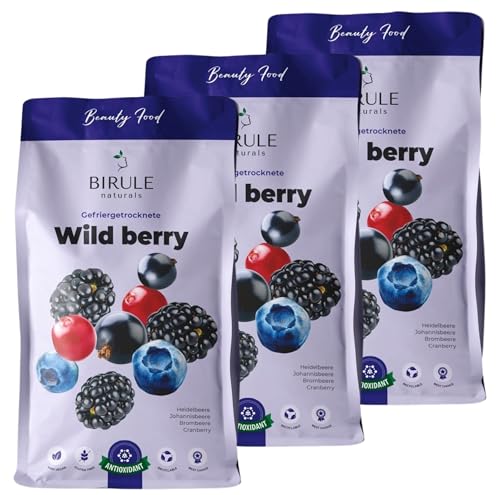 BIRULE naturals Gefriergetrocknete Beeren Mix Heidelbeere, Brombeere, Johannisbeere, Cranberry 100% Naturprodukt (3x120g) 360g von Birule naturals
