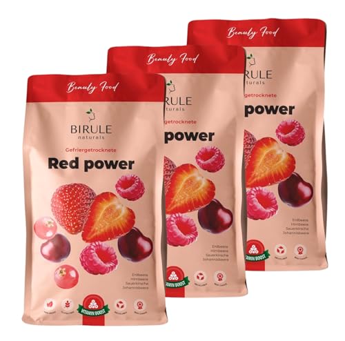 Gefriergetrocknete rote Früchte Set aus Himbeeren, Erdbeeren, Johannisbeeren, Kirschen 100% pur Frucht gefriergetrocknet (3x120g) 360g BIRULE naturlas von Birule naturals