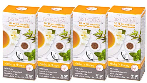 BISTROTEA Teekapseln 6 Sorten 4er Pack, 4 x 10 Kapseln, NespressoMaschinen kompatibel, Kapseln biologisch abbaubar (Kräutertee BIO Herbs & Honey) von Bistrotea