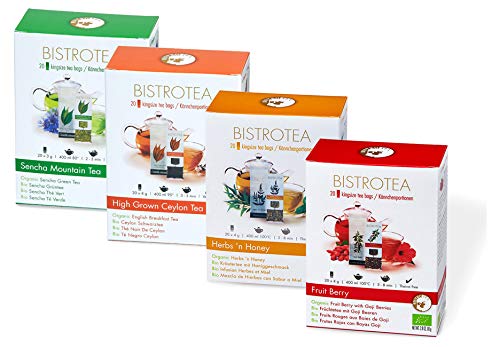 Bistrotea Bio Tee Collection, Kingsize Teabag für Kännchen, Sortiment mit 4 Sorten, Fruit Berry, Herbs & Honey, Ceylon Schwarztee, Sencha Grüntee, 4er Pack (4 x 20 Beutel = 300 g) von Bistrotea